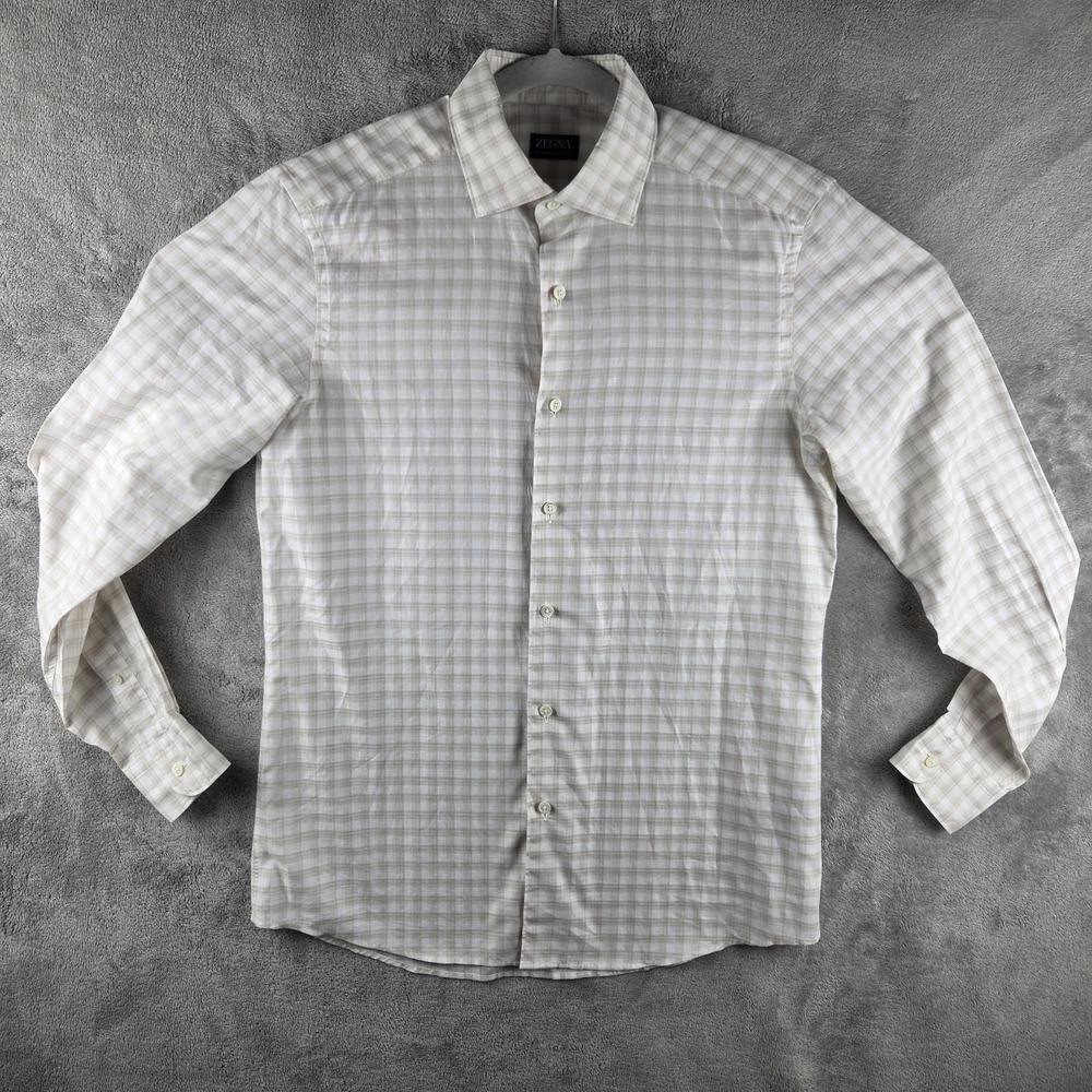 Zegna Centoquaranta Twill Plaid Linen Blend Button Down Shirt Mens Medium EUC